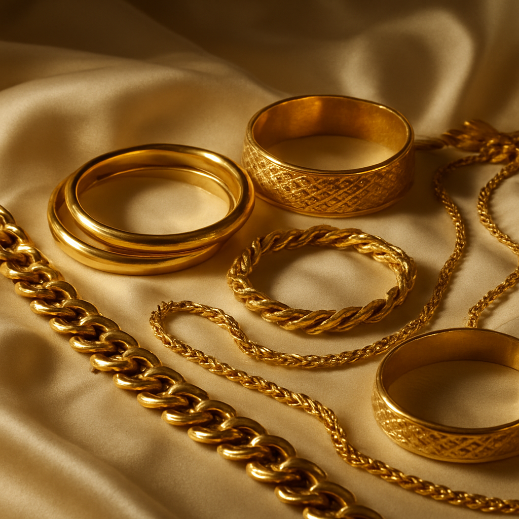 An assortment of pure 24KT gold chains, bangles and bracelets arranged on cream silk